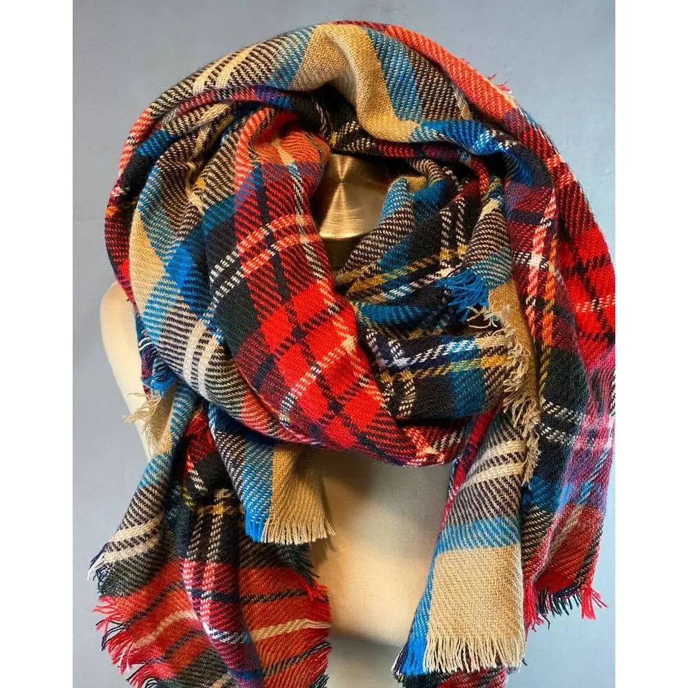 Large Blanket Scarf Plaid Blue Red White Cream 60